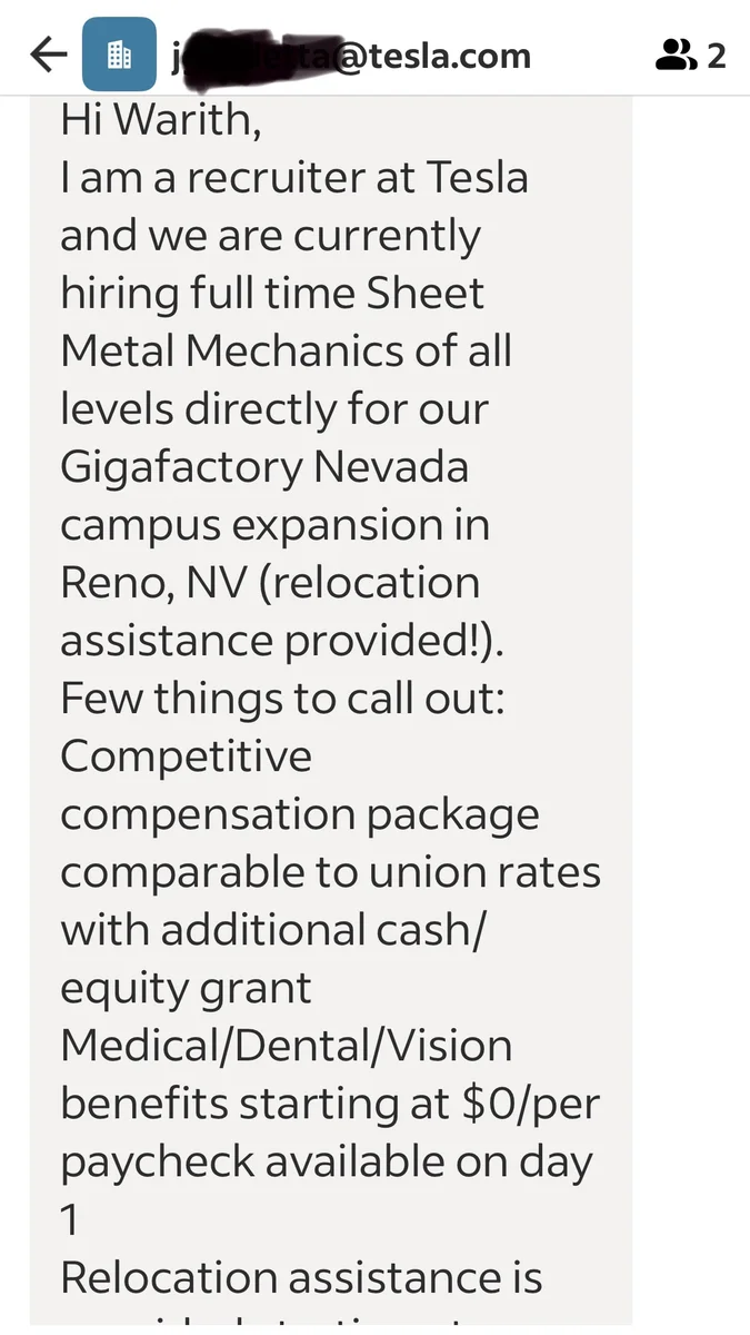 Tesla recruiter outreach message