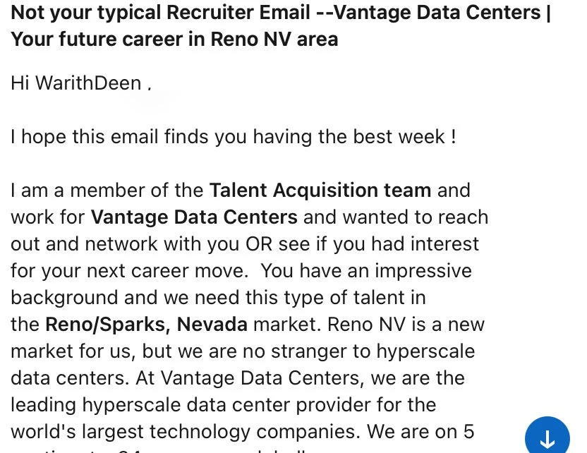 Vantage Data Centers recruiter outreach message